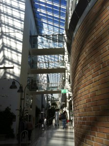 der Glasgang zieht sich 280m durch das Gebäude und auf der li. Seite sind die Funktionsbereiche (OP, Polikliniken, Bettenzentrale, ...) und re. die Bettenstationen.