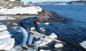 Da versucht sich jemand im Eisschollenpaddeln ;-) 