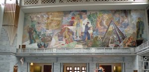 Der Rahmen für die Friedens-Nobelpreis Verleihung: Wandgemälde im ...