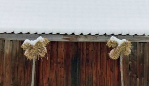 Traditionell geschmückter Stalleingang