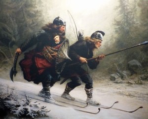 Berühmte Norwegische Gemälde: "Birkebeiner" (Frühe Darstellung von Langläufern die den Königssohn vor einem Krieg in Sicherheit bringen)